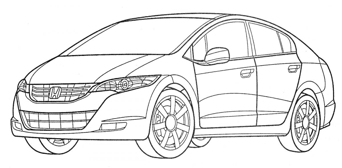 Раскраска Хонда Аккорд, вид сбоку с передней частью, с четко очерченными деталями, включая колеса, двери, окна, зеркала и решетку радиатора.