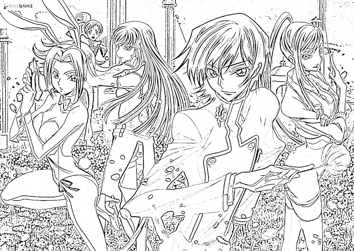 Раскраска Персонажи аниме на фоне столбов, мужчины и женщины в боевых позах среди цветов и травы