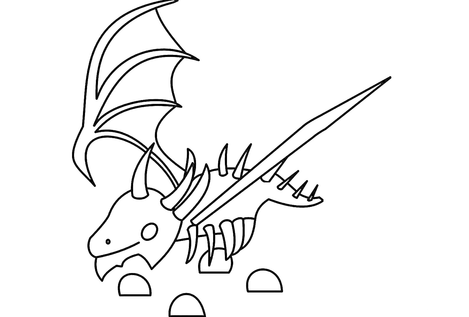 Раскраска Скелетный Дракон с Крыльями и Шипами