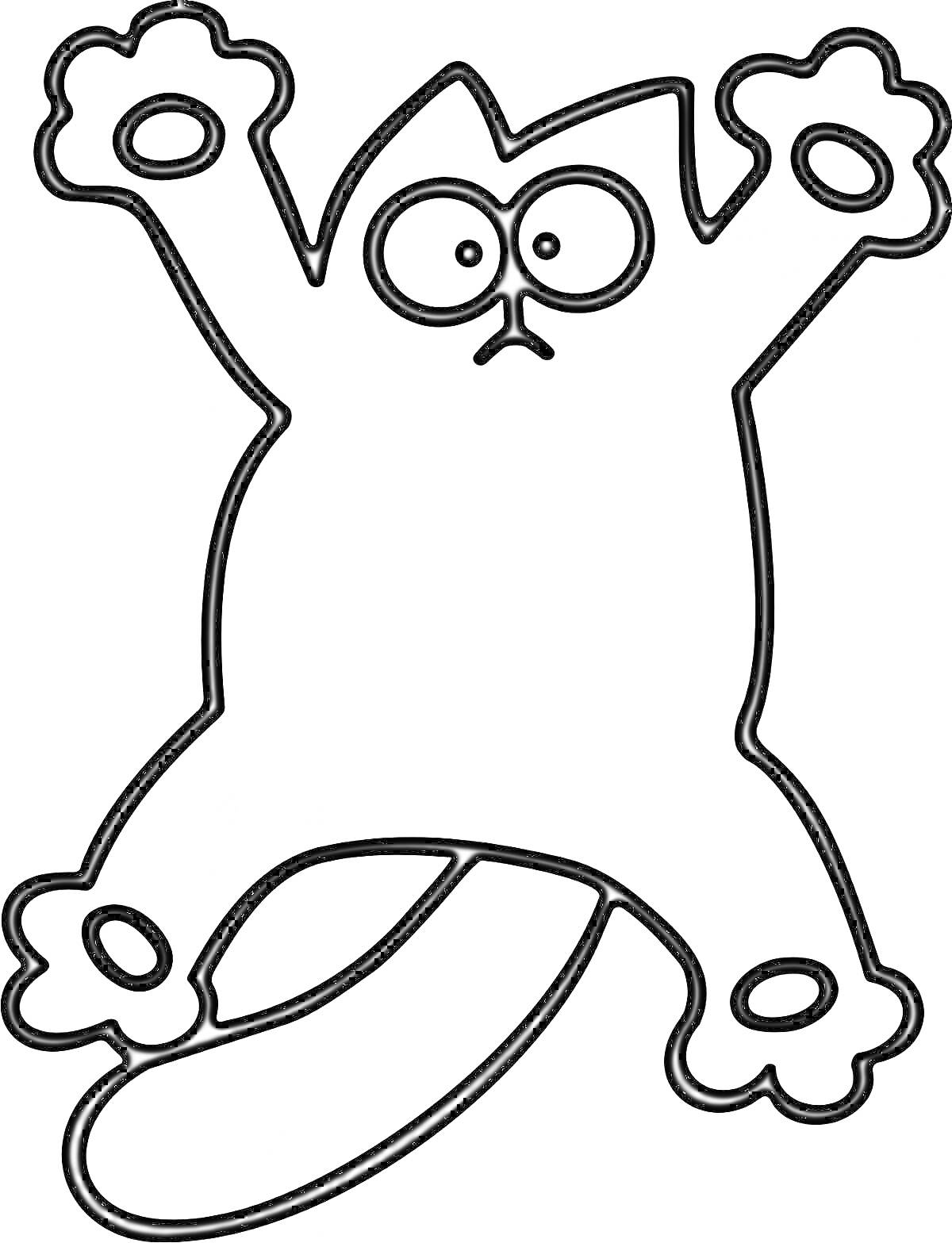 Раскраска Кот с большими глазами в забавной позе с поднятыми вверх лапами
