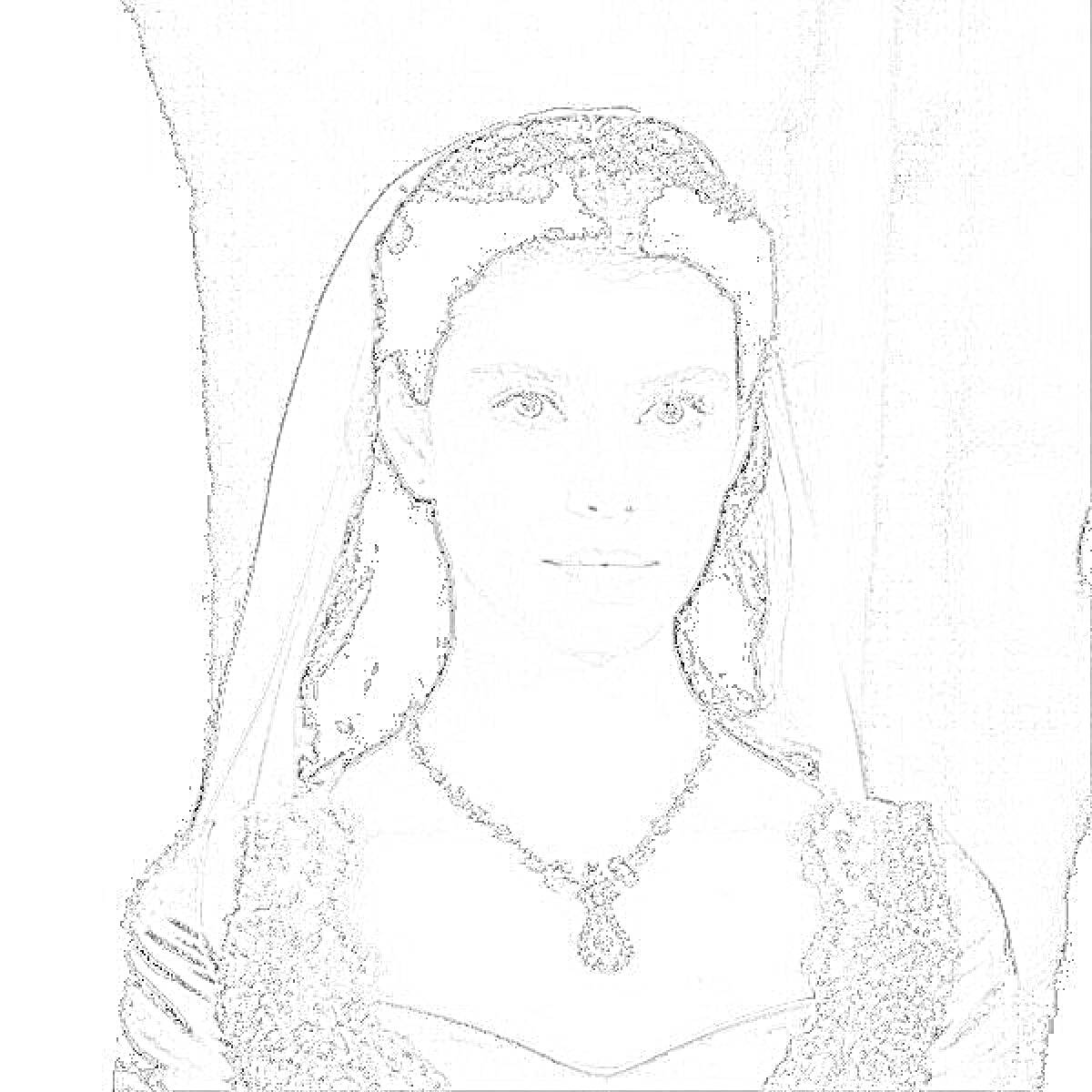 На раскраске изображено: Женщина, Старинное платье, Вуаль, Ожерелье, Великолепный век, Исторический костюм