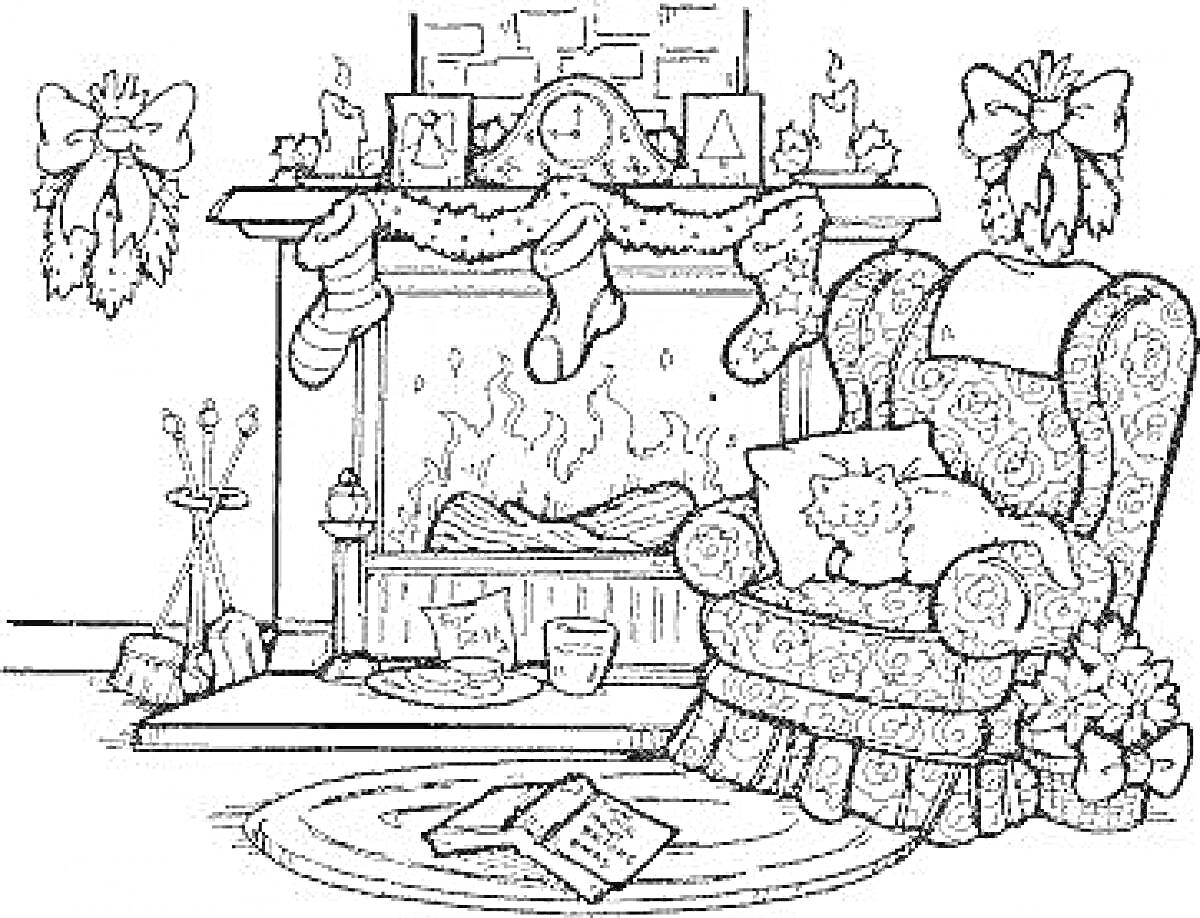Раскраска Новогодний камин с носками, часами, свечами, елочными украшениями, креслом с котенком, книгами, ковром и рождественскими венками