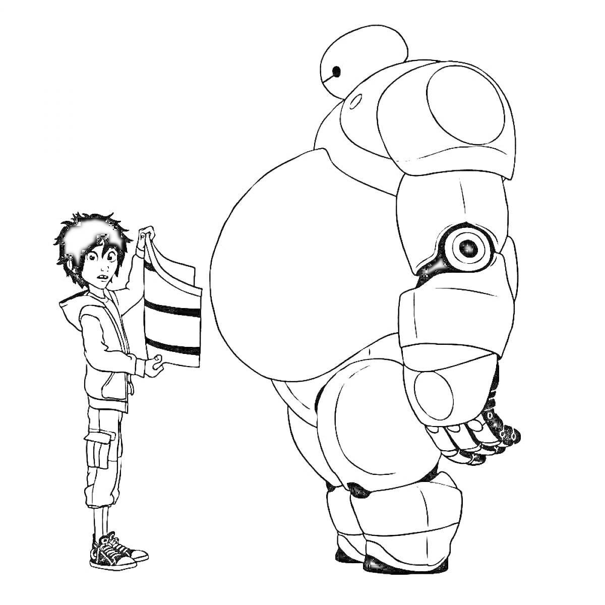 Раскраска мальчик с развёрнутым листом бумаги и робот