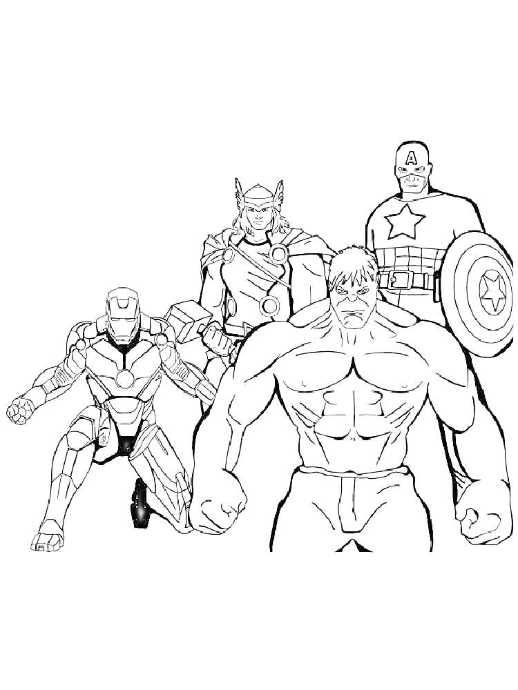 На раскраске изображено: Халк, Железный человек, Тор, Капитан америка, Супергерои, Мстители