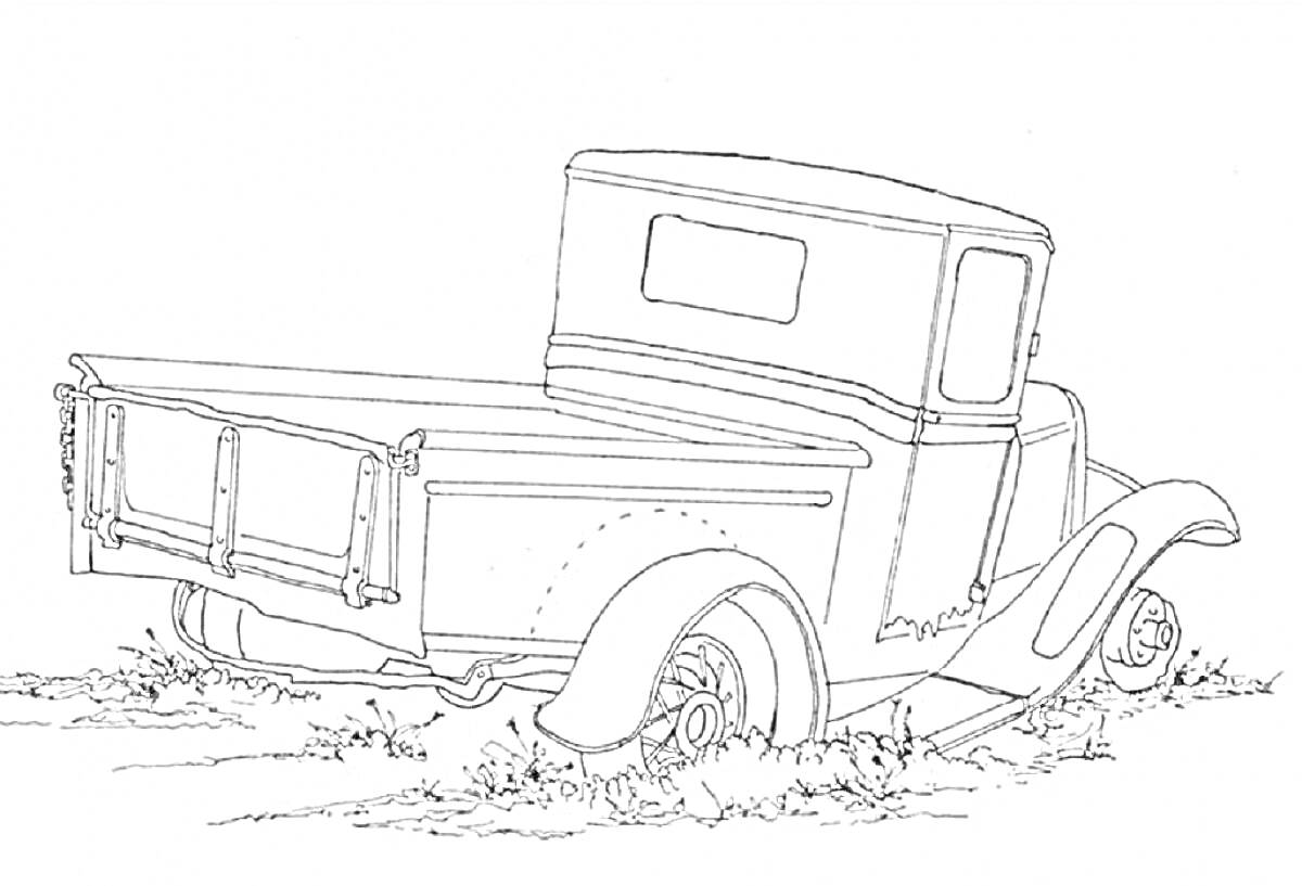 На раскраске изображено: Полуторка, Трава, Грузовая машина