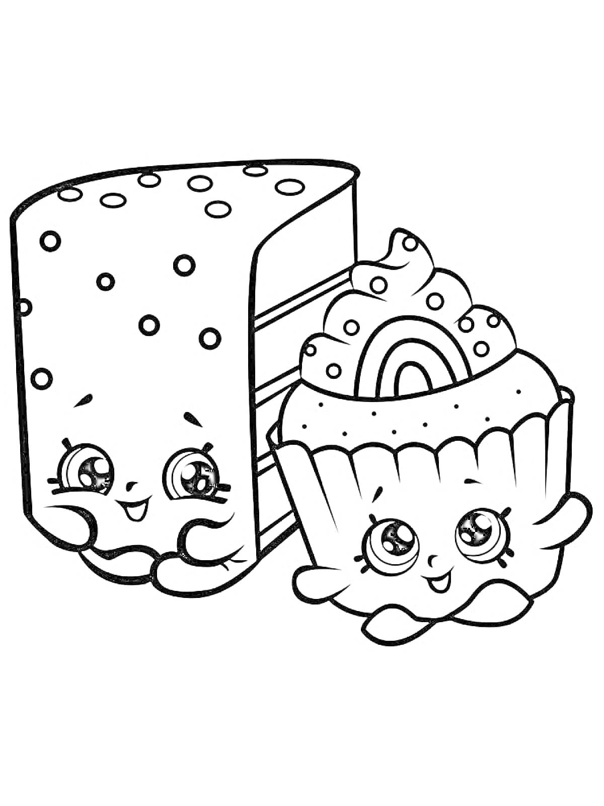 Раскраска Торт и кекс с радугой и милыми лицами