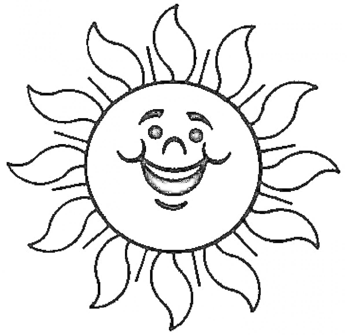На раскраске изображено: Солнце, Лучи, Улыбка, Лицо, Радость, Природа, Для детей, Веселье