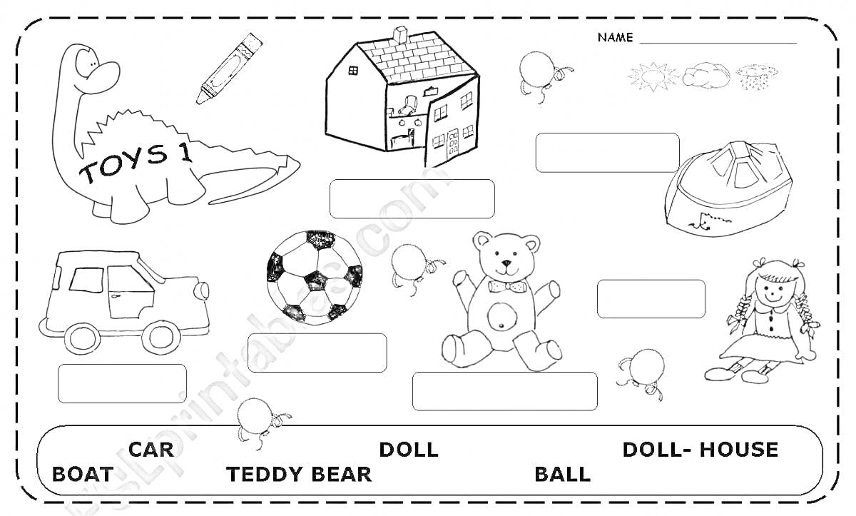 Раскраска Игрушки (динозаврик, карандаш, домик, игрушечный автомобиль, футбольный мяч, тедди-мишутка, кораблик, кукла, кукольный домик, воздушные шары)