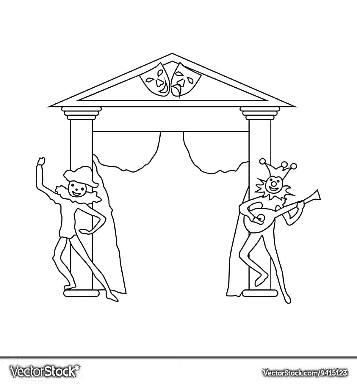 Раскраска Театральная сцена с двумя актерами, певец с микрофоном и музыкант с гитарой, колонны с театральными масками
