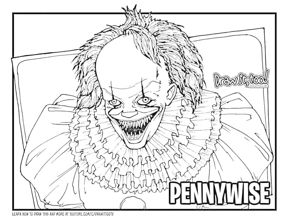 Раскраска Пеннивайз с широкой улыбкой в костюме с оборками на воротнике
