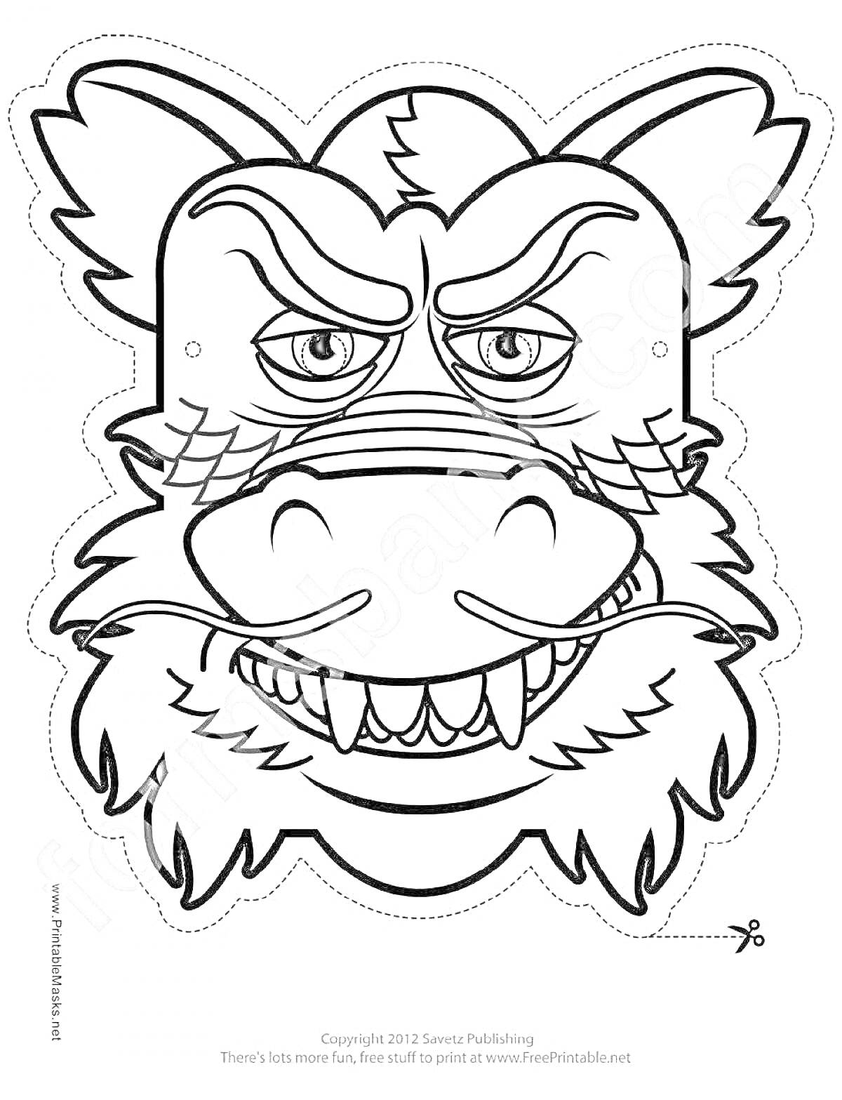 Раскраска маска в виде драконьей головы с острыми зубами, ушами и деталями на морде