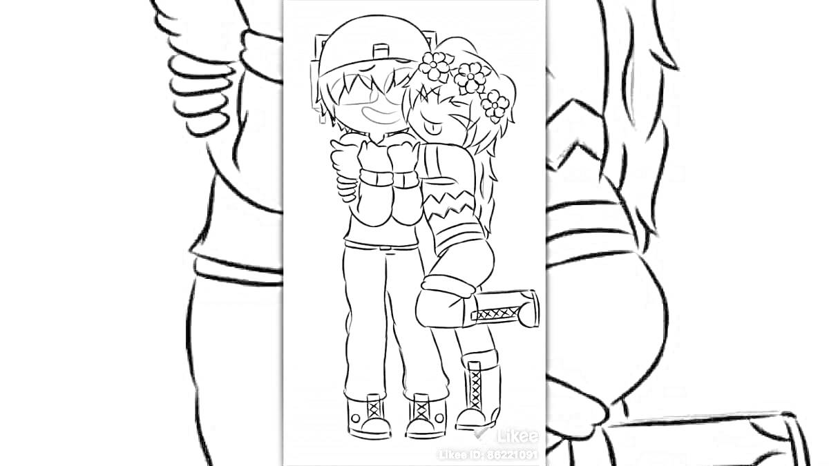  Два персонажа в обнимку: парень в кепке и девушка с цветочным венком