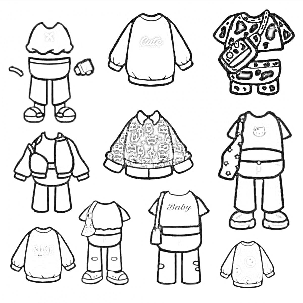 Раскраска Рисунок из девяти комплектов одежды с различными стилями
