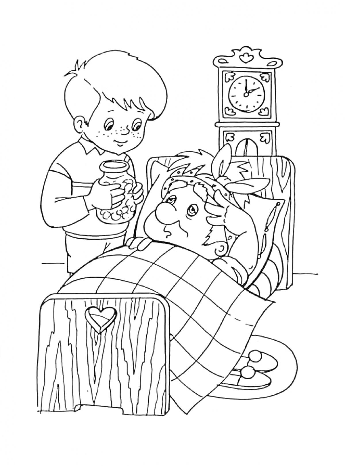 Раскраска Маленький мальчик дает банку с вареньем Карлсону, который лежит в постели с градусником на голове, рядом стоят большие часы