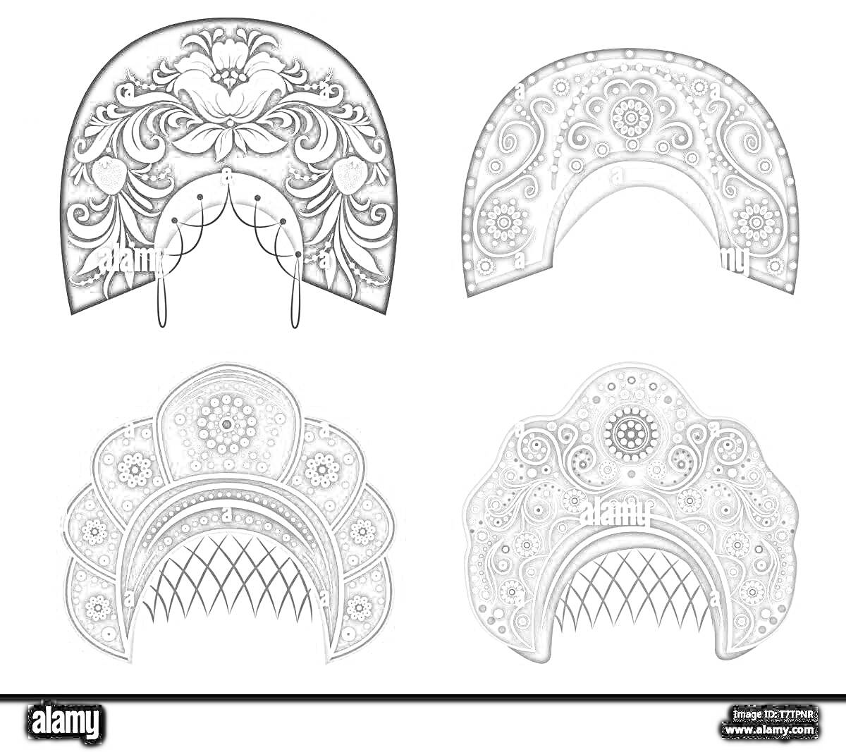 Четыре разных кокошника с орнаментами: верхний левый - кокошник с цветочным орнаментом и двумя лентами, верхний правый - кокошник с завитками и точками, нижний левый - кокошник с круглым орнаментом и сеткой, нижний правый - кокошник с узорами и сеткой.