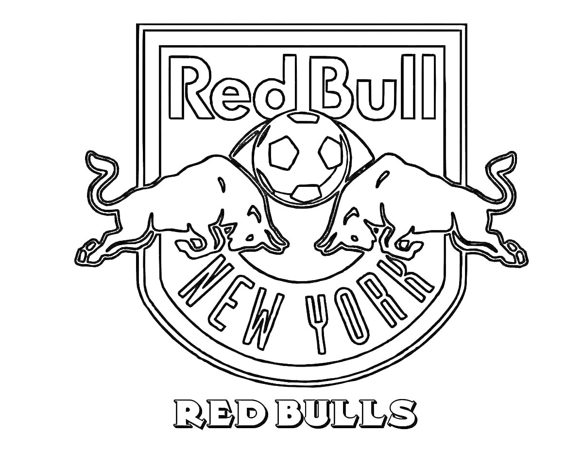 Раскраска Логотип команды «Red Bulls New York» с двумя быками и футбольным мячом