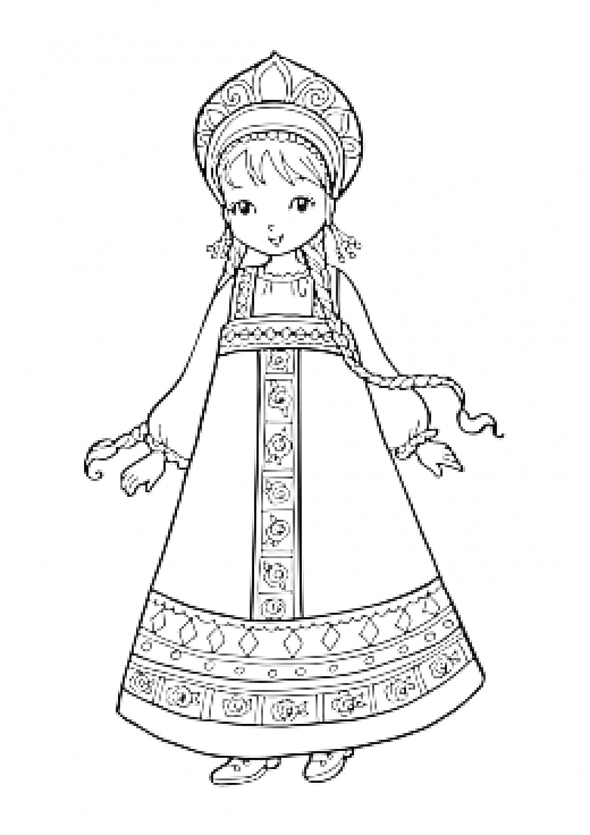 Раскраска Девочка в традиционном русском костюме с кокошником, узорный сарафан, косы