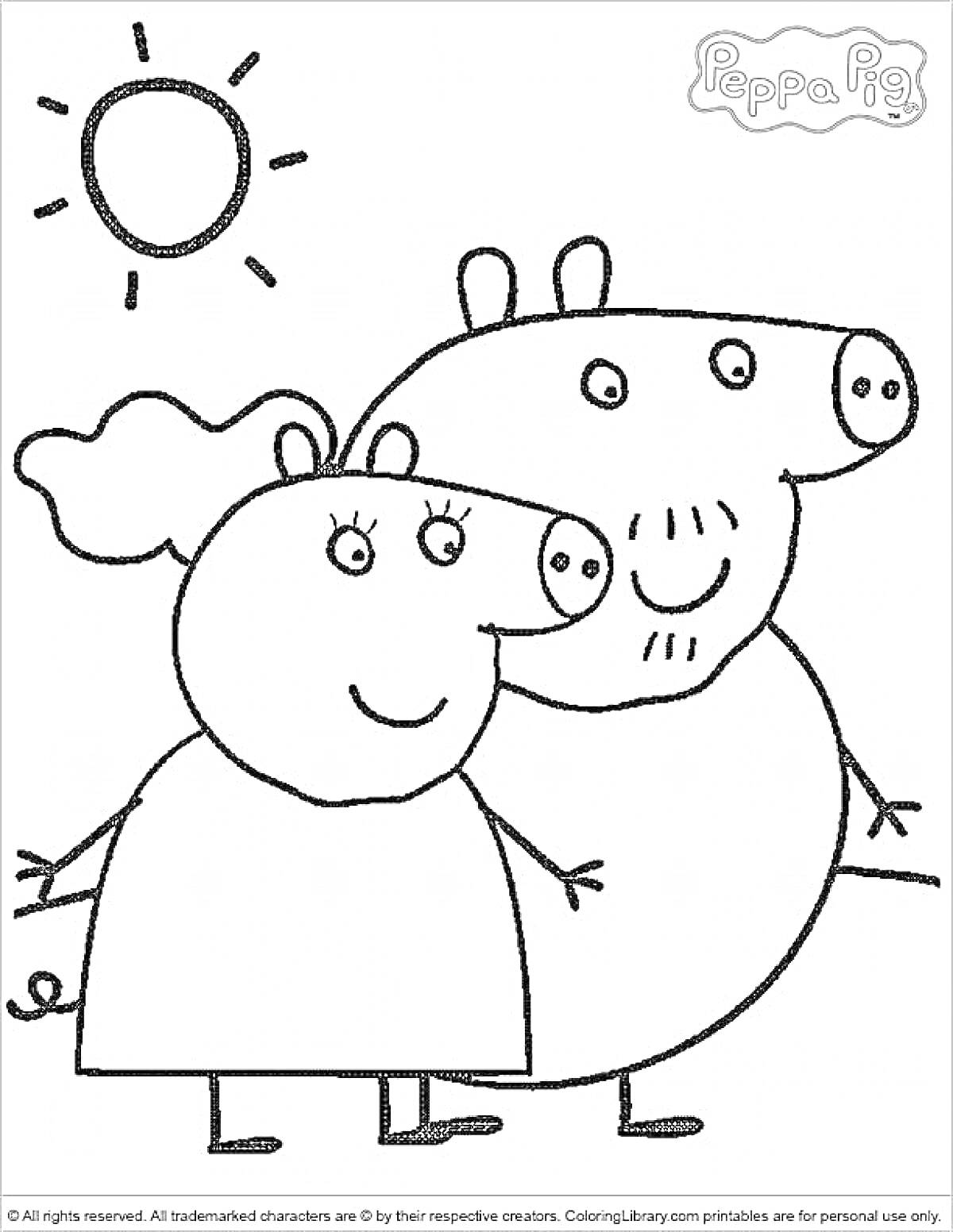 На раскраске изображено: Свинка Пеппа, Солнце, Из мультфильмов, Семья, Для детей