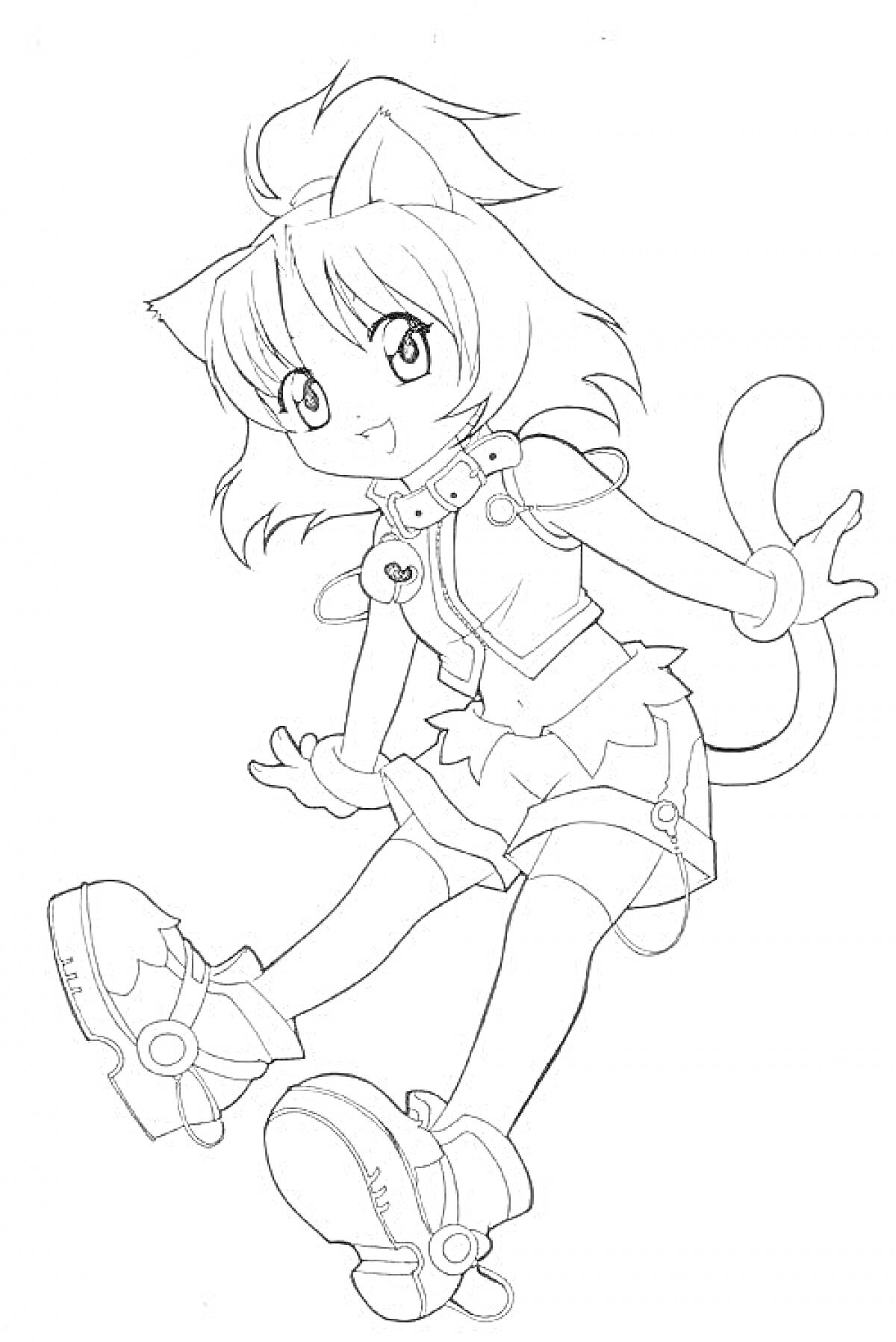 Девочка в аниме стиле с кошачьими ушками и хвостом, в короткой юбке и ботинках