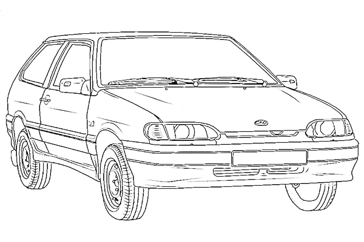 Раскраска Легковой автомобиль с двумя фарами, боковыми зеркалами и резиновыми шинами
