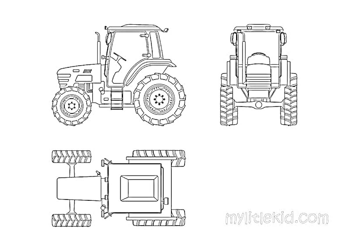 На раскраске изображено: Трактор, Сельскохозяйственная техника, Колёса, Схема