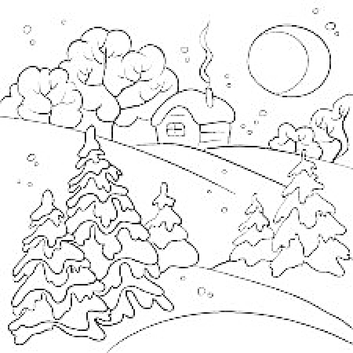 РаскраскаЗимний пейзаж с заснеженными ёлками и домом на холме под луной