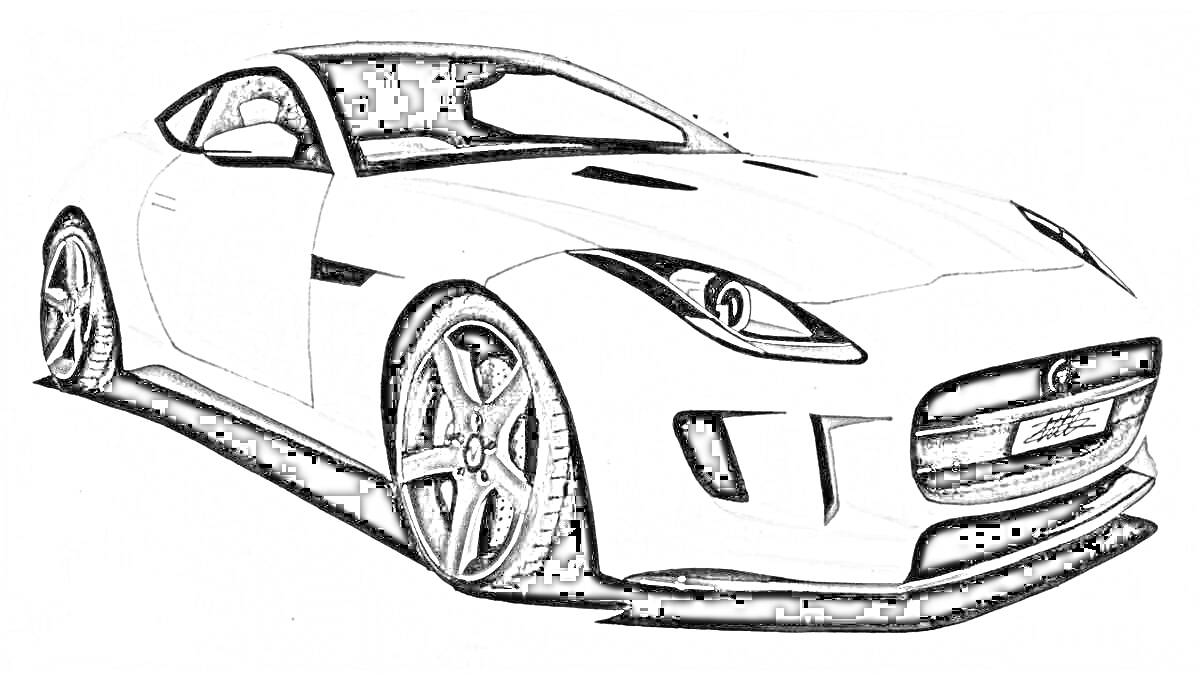 Раскраска Спортивный автомобиль Jaguar с узнаваемыми фарами, аэродинамическим корпусом, большими колесами и агрессивным дизайном