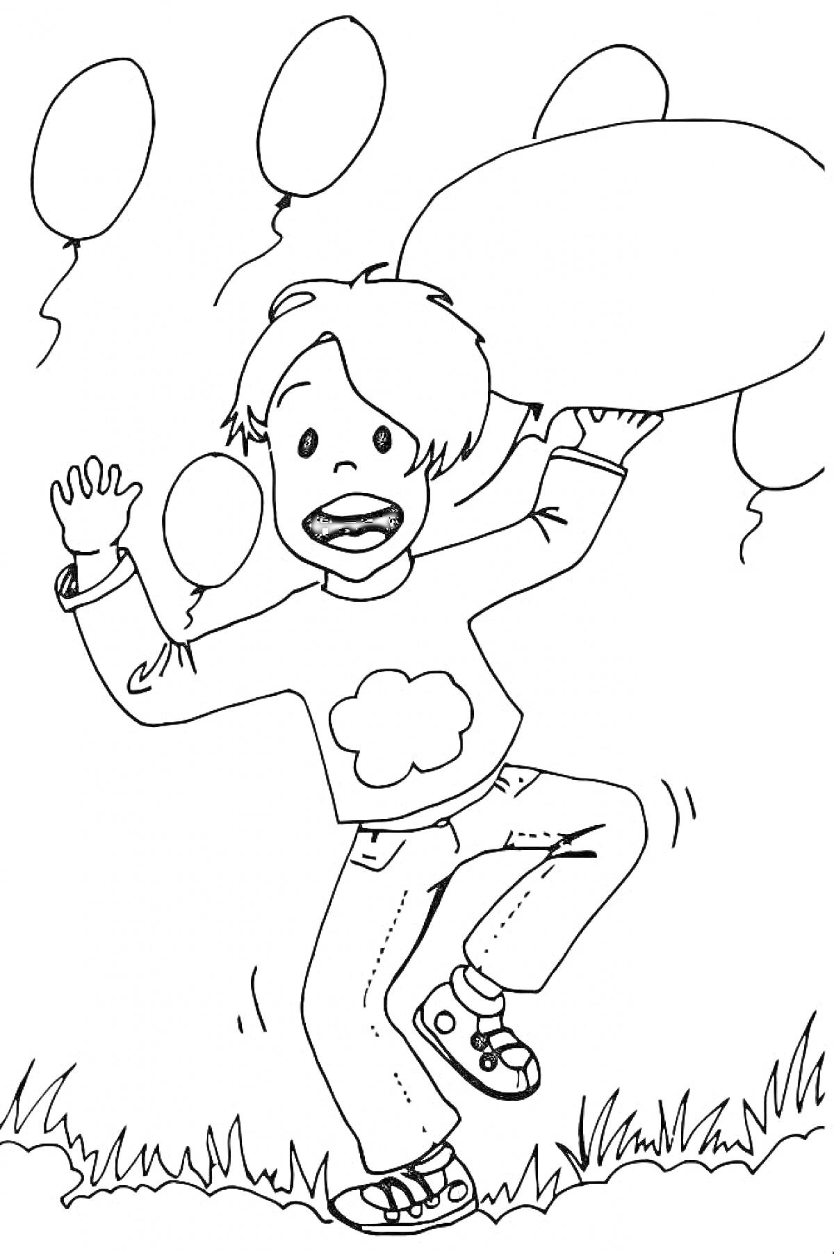 Раскраска Мальчик с воздушными шариками на траве