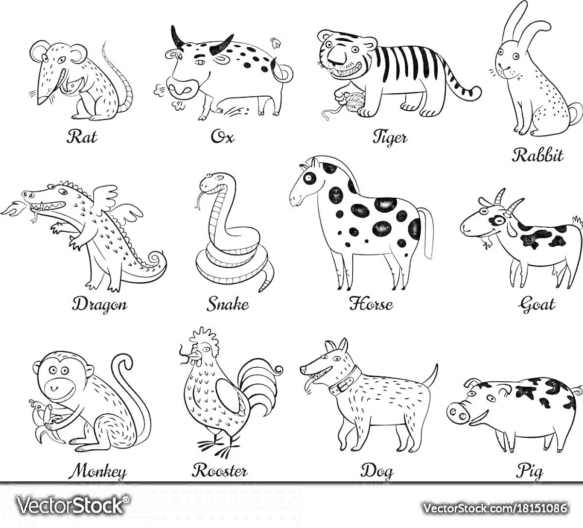На раскраске изображено: Восточный гороскоп, Бык, Тигр, Кролик, Дракон, Лошадь, Петух, Собака, Животные