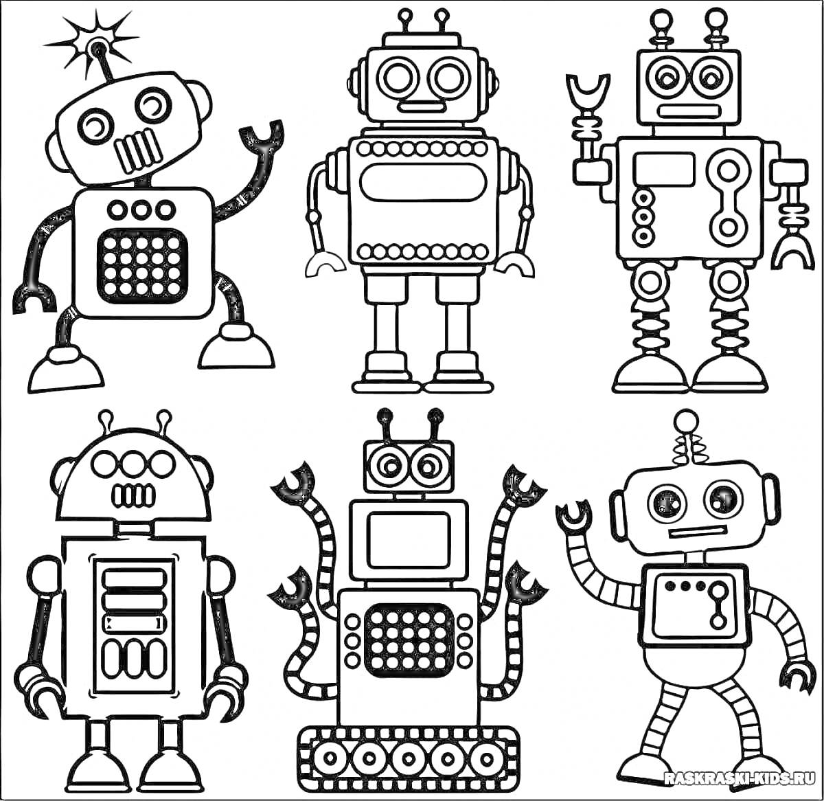Раскраска Раскраска с роботами - шесть роботов с антеннами и рычагами на руках