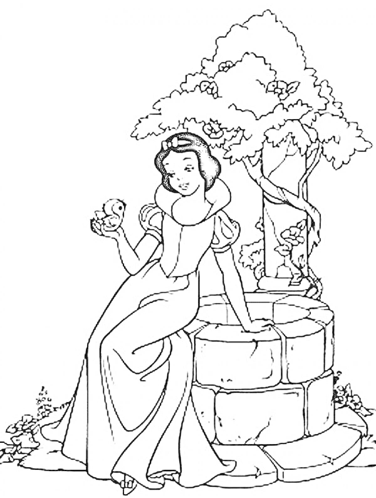 Раскраска Белоснежка сидит на колодце с птицей в руке, рядом дерево и цветы