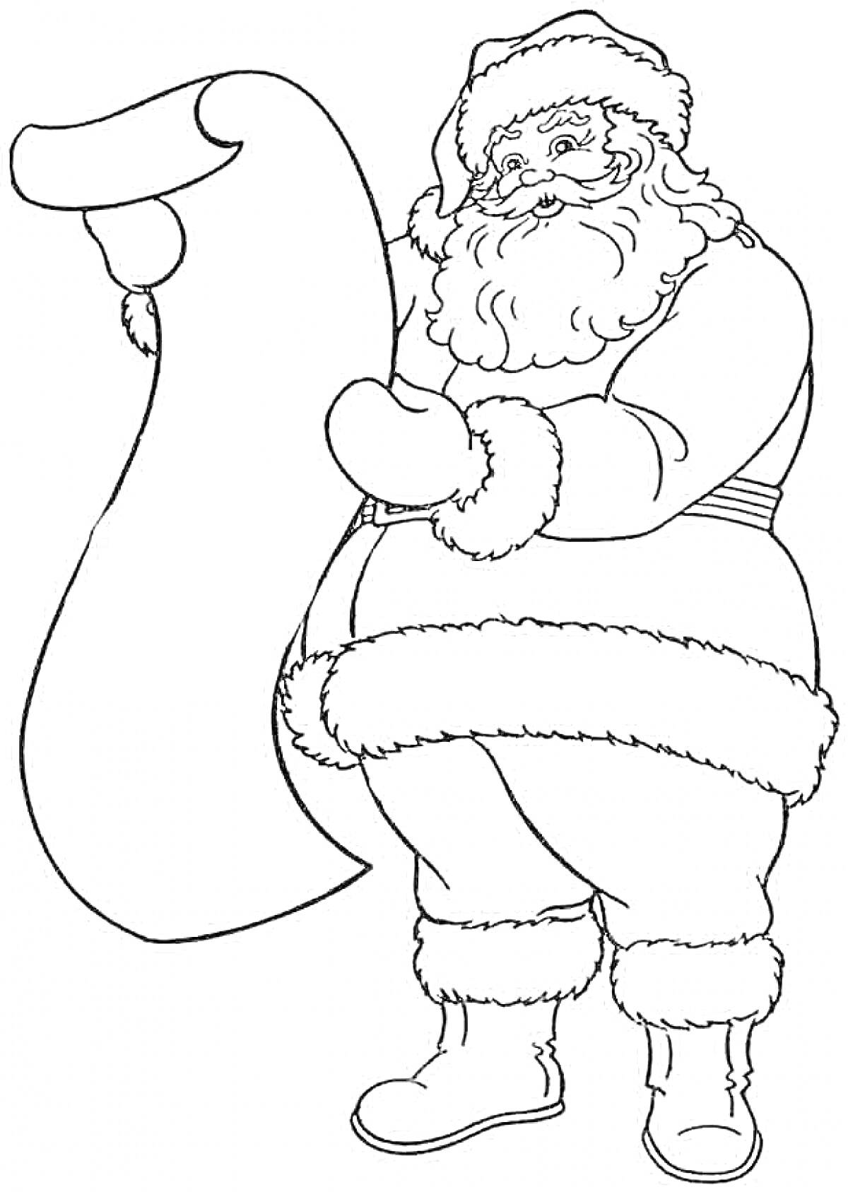 На раскраске изображено: Санта Клаус, Рождество, Борода, Шляпа, Сапоги, Зима, Новый год, Праздники