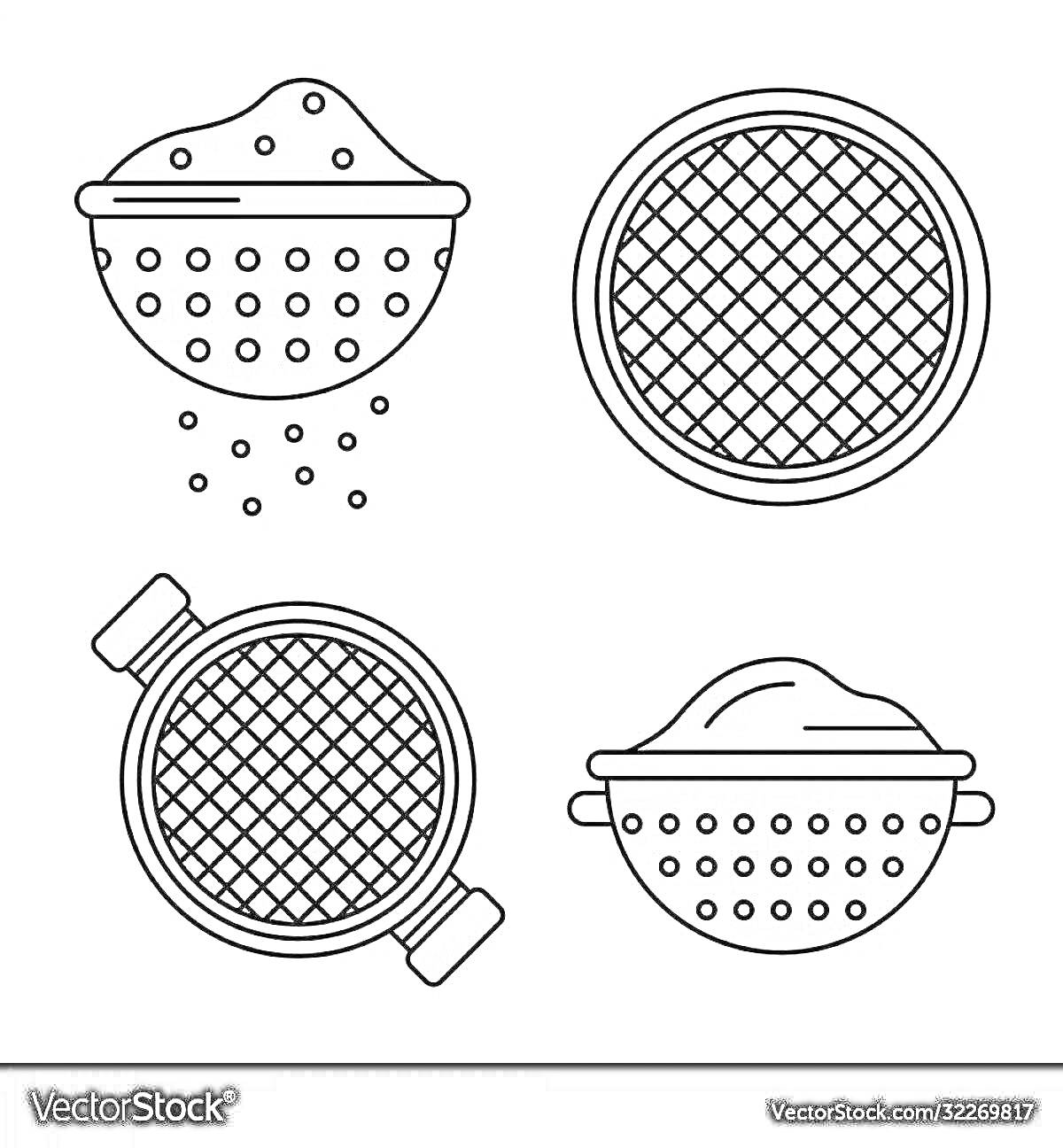 Раскраска Четыре вида сит для детей: сито с крупицами, круглое сито, сито с ручкой, сито с горкой муки