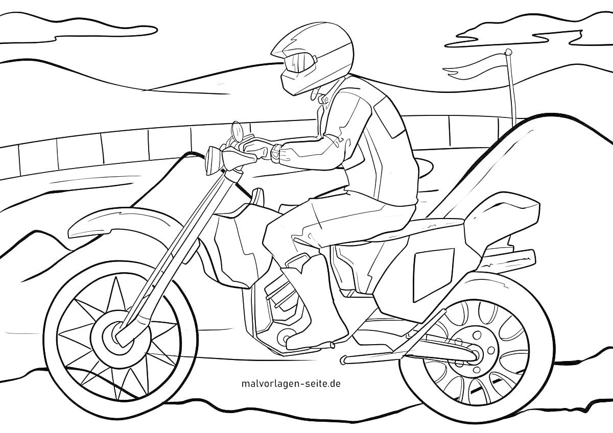 Раскраска Военный мотоцикл с водителем на фоне холмов и защитной ограды
