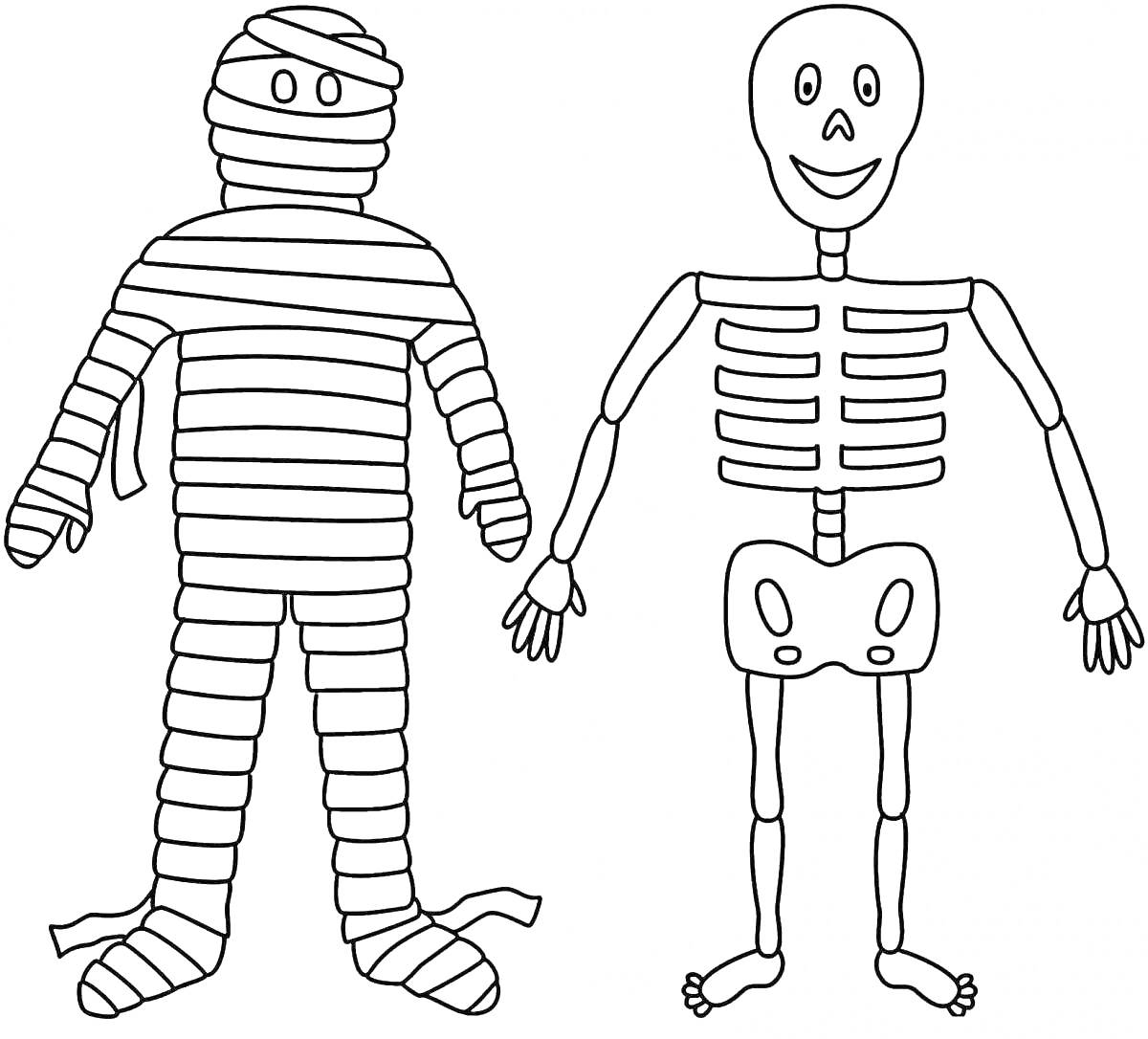 Раскраска Мумия и скелет стоят рядом