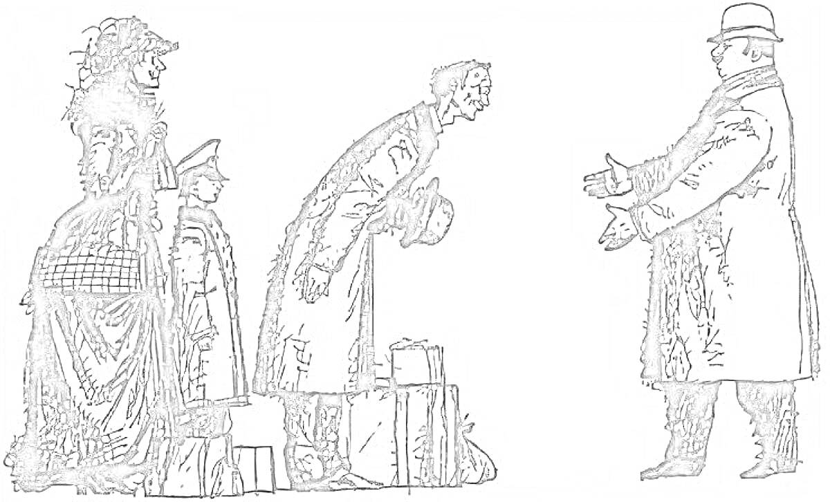 Толстый мужчина с протянутыми руками, тонкий мужчина в поклоне с шляпой в руках, женщина в шляпе, маленький мальчик в шляпе, чемоданы на земле