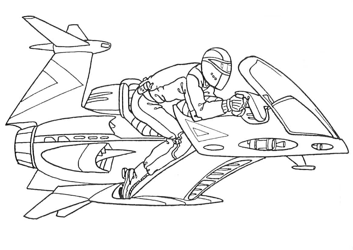 На раскраске изображено: Мотоцикл, Будущее, Водитель, Транспорт, Аэродинамика, Шлемы
