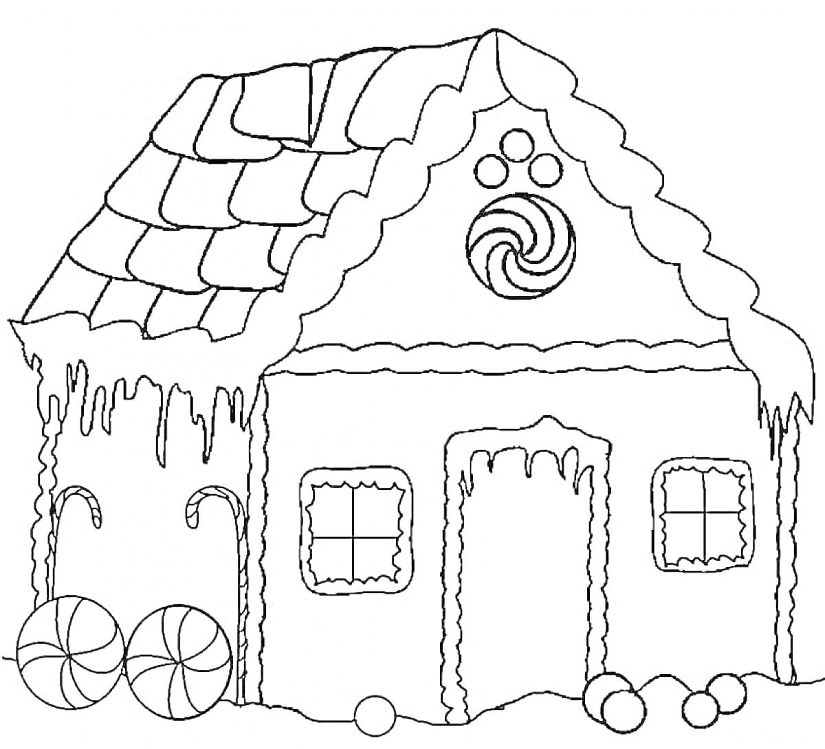 На раскраске изображено: Пряничный домик, Леденцы, Окна, Снег, Крыша, Карамель, Зима, Рождество