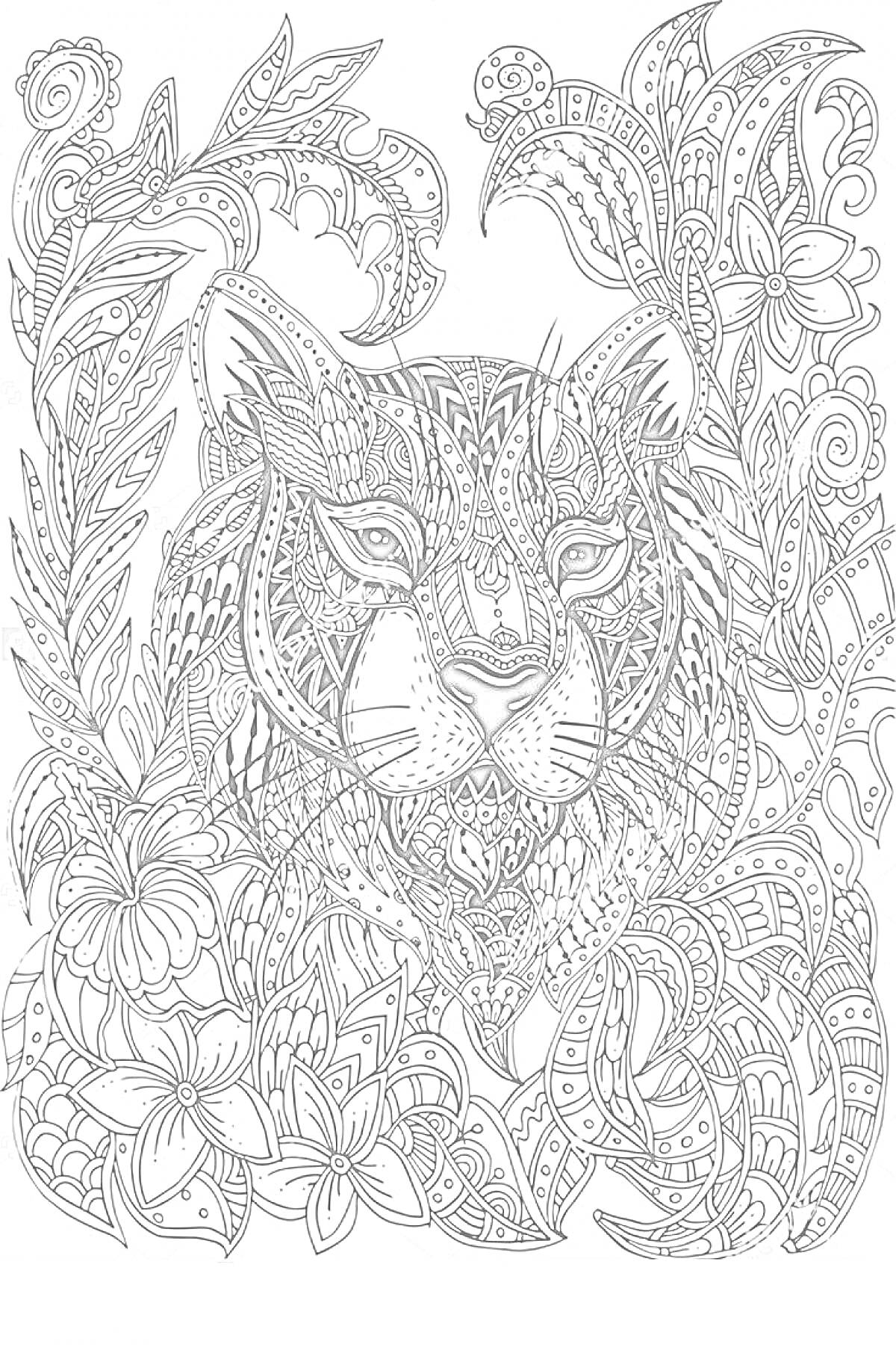 Раскраска Антистресс раскраска: тигр в окружении цветочных и растительных узоров