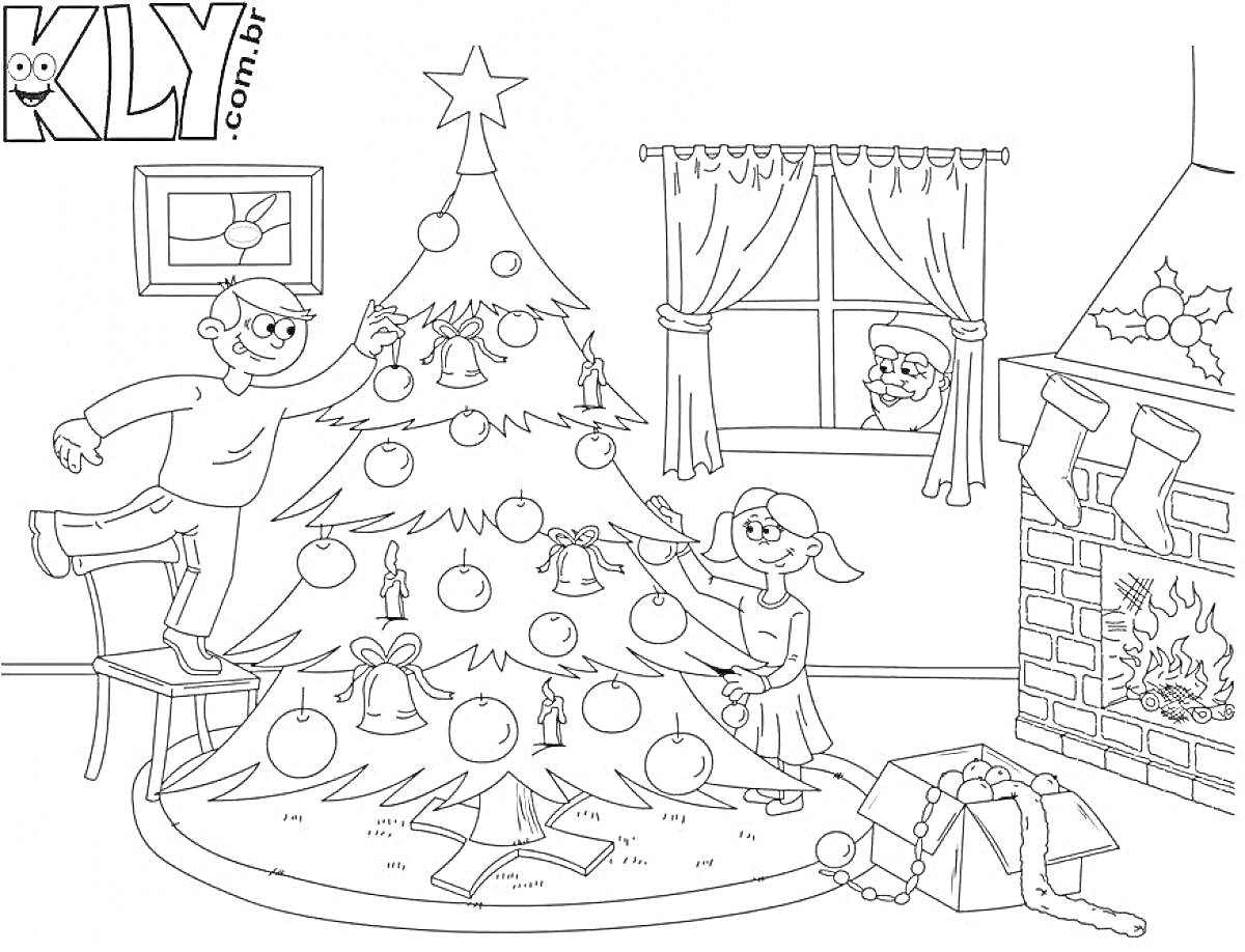 На раскраске изображено: Украшенная ёлка, Подарки, Камин, Гирлянда, Новогодние украшения, Игрушки, Праздничная атмосфера
