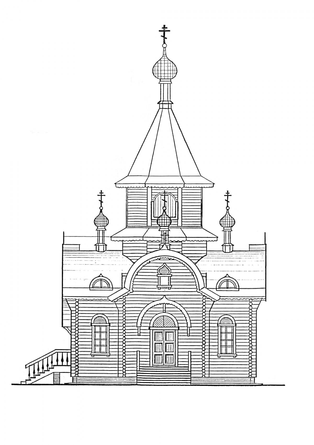 На раскраске изображено: Деревянное зодчество, Церковь, Крыльцо, Ступени, Архитектура, Православие