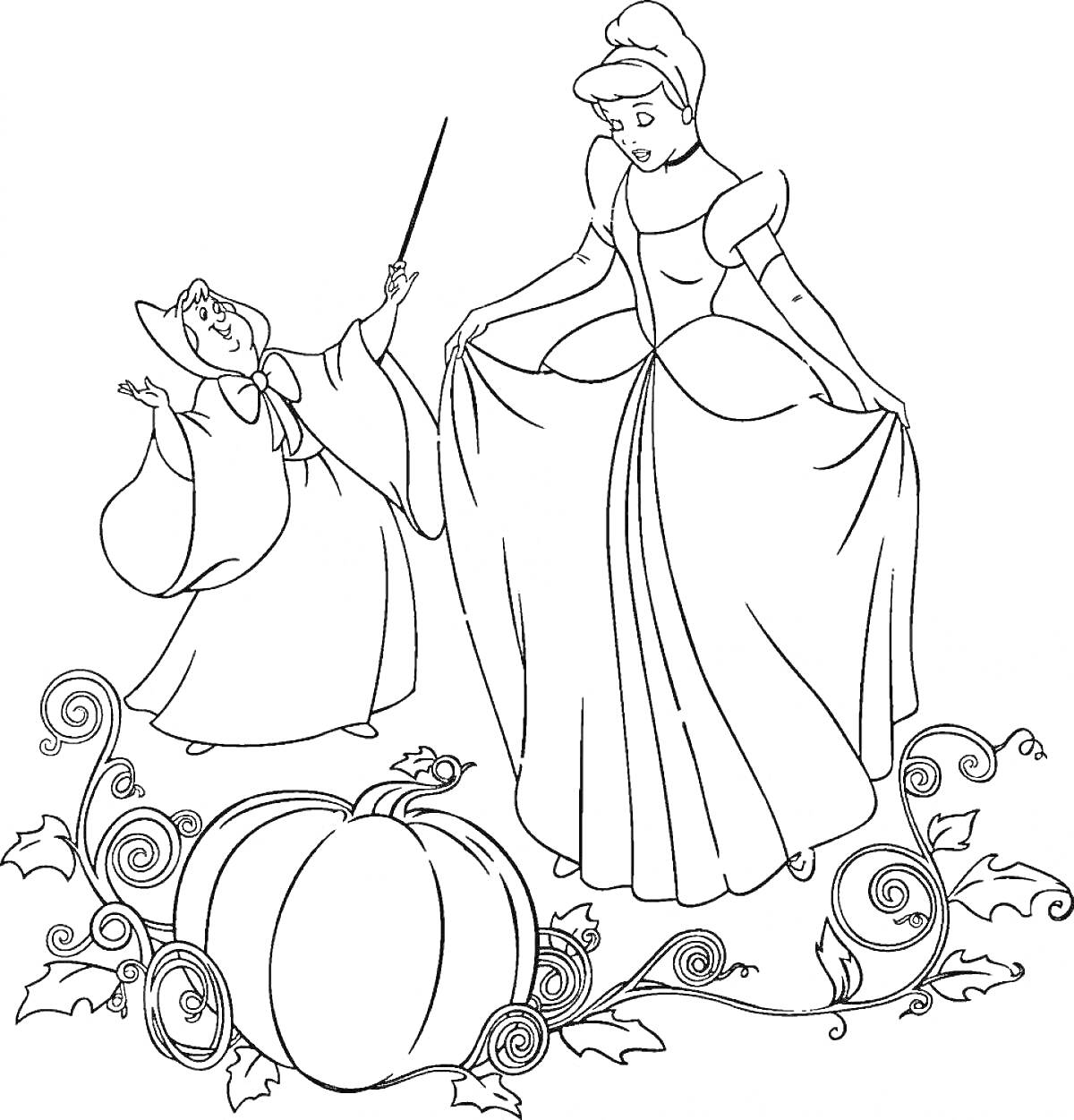 На раскраске изображено: Золушка, Тыква, Платье, Из сказок, Растения, Листья, Волшебные палочки