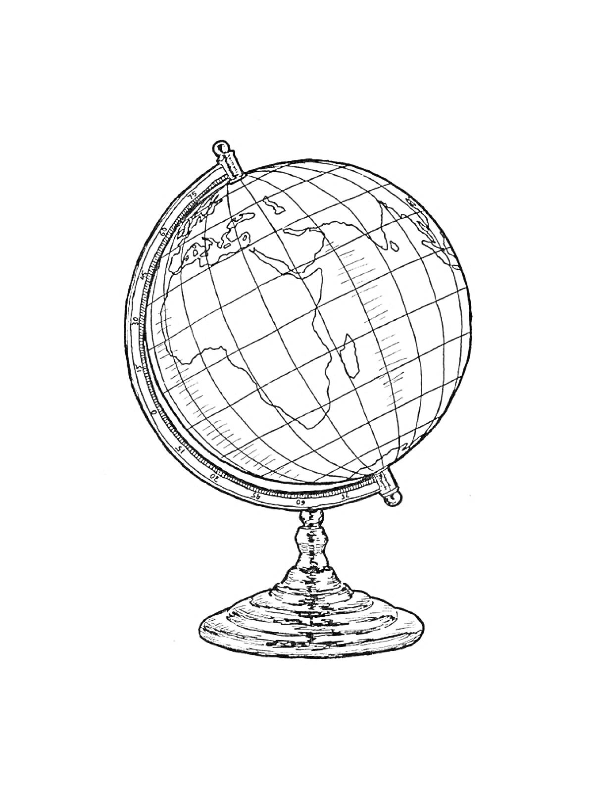 Раскраска Глобус с подставкой и меридианом, с рисованными контурами материков и параллелями