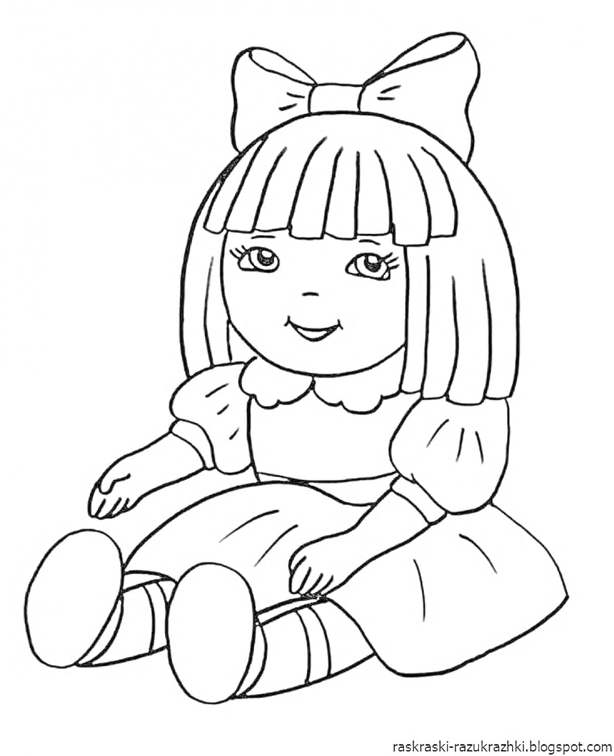 Раскраска Кукла с бантом на голове в платье с короткими рукавами