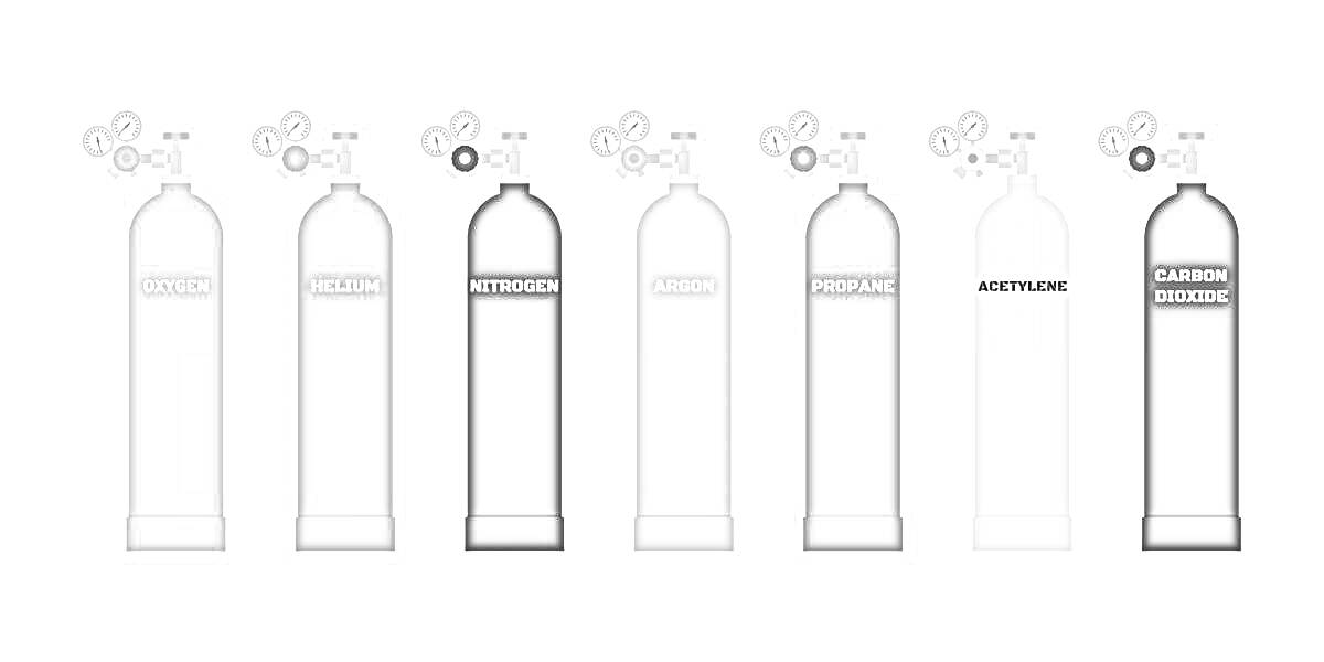 Раскраска Баллоны с газами: ацетилен, гелий, аргон, азот, кислород, ацетилен, углекислый газ