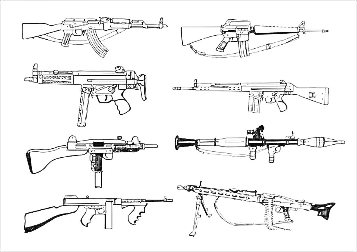 На раскраске изображено: Оружие, Гранатомет, Винтовка, Военная техника