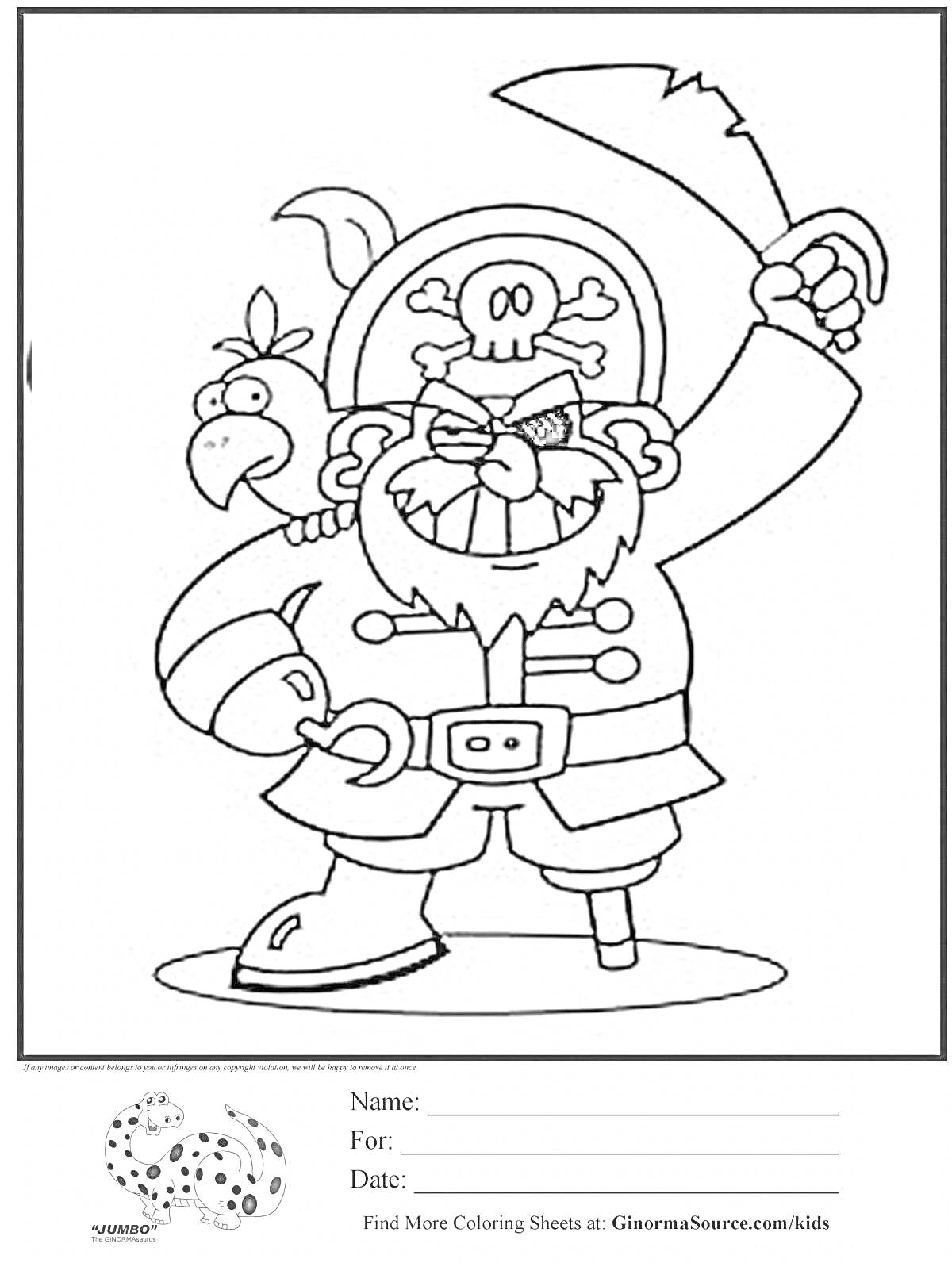 На раскраске изображено: Сабля, Приключения, Моряк, Корабль, Пиратская шляпа, Деревянная нога, Скрещенные кости