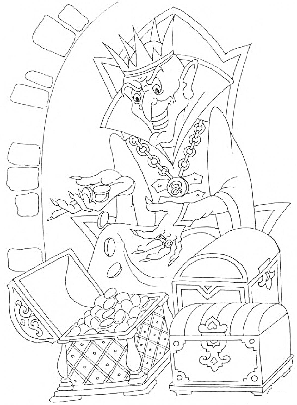 Раскраска Король с сокровищами в каменном замке