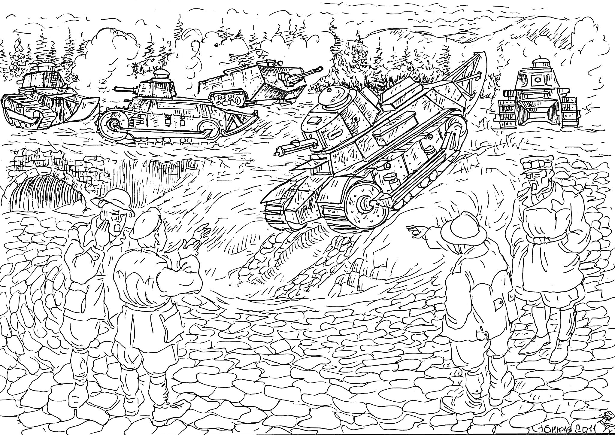 Раскраска Танк проезжает по каменной дороге, пять солдат стоят вокруг, еще четыре танка на фоне и деревья с дымом вдалеке