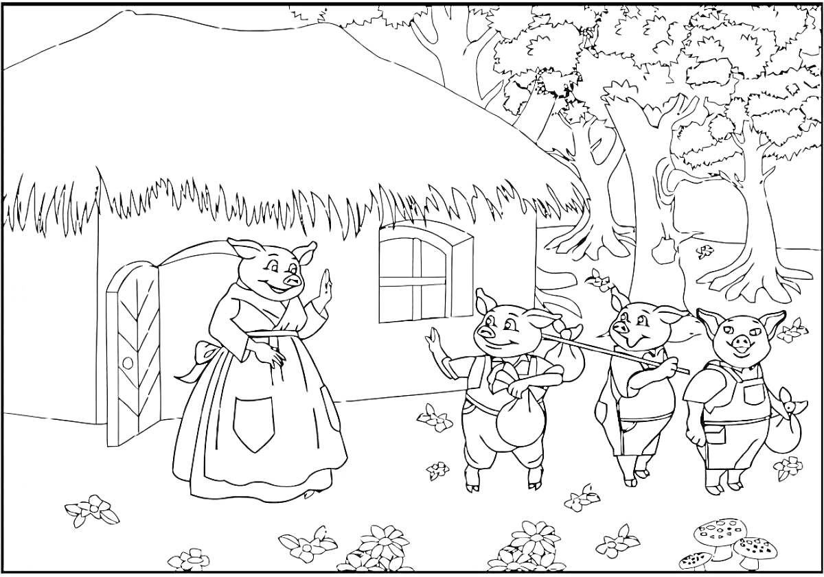 Раскраска Мама-свинья у дома прощается с тремя поросятами на фоне леса